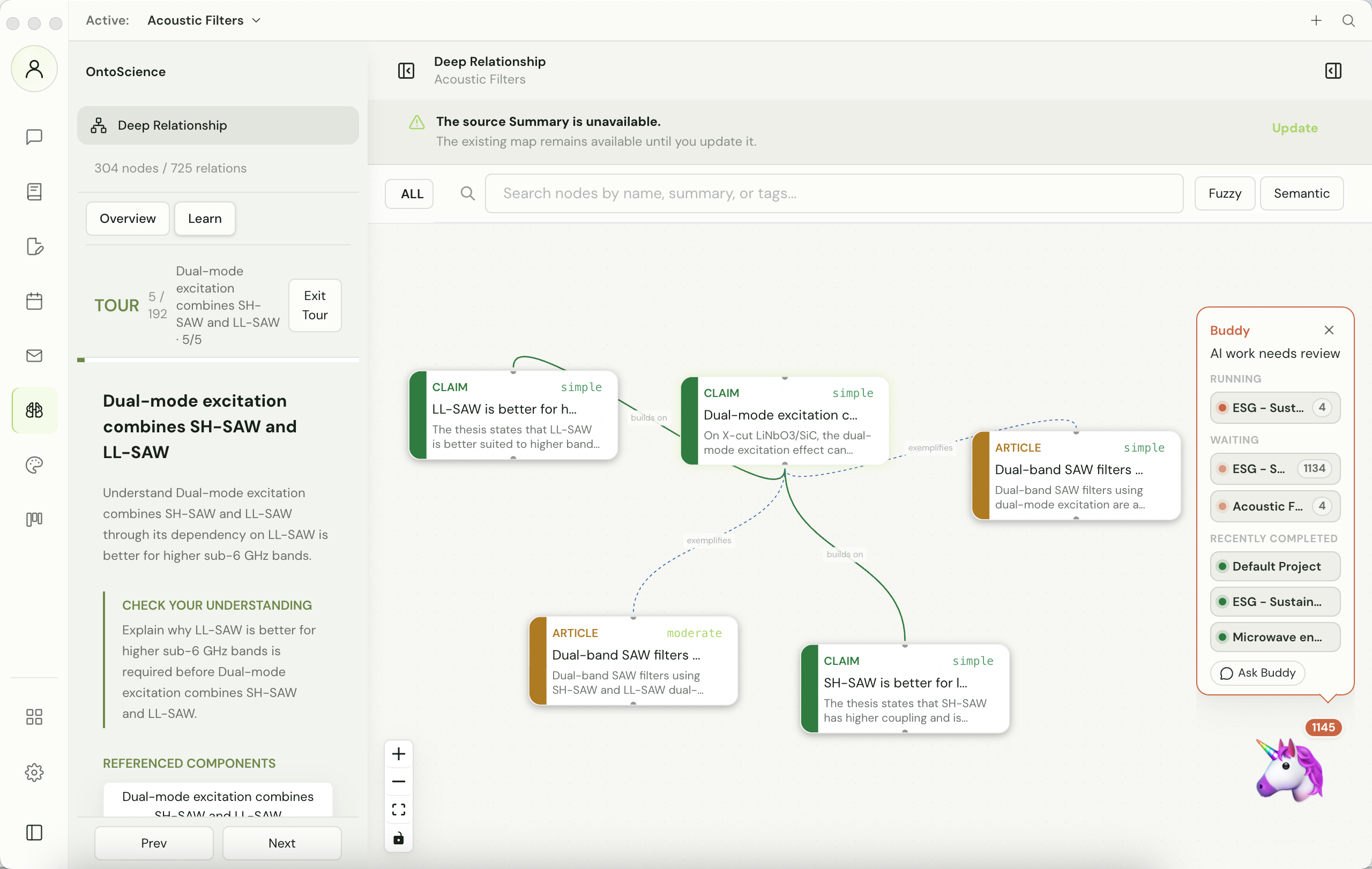 OntoScience Deep Relationship view connecting claims, articles, and evidence