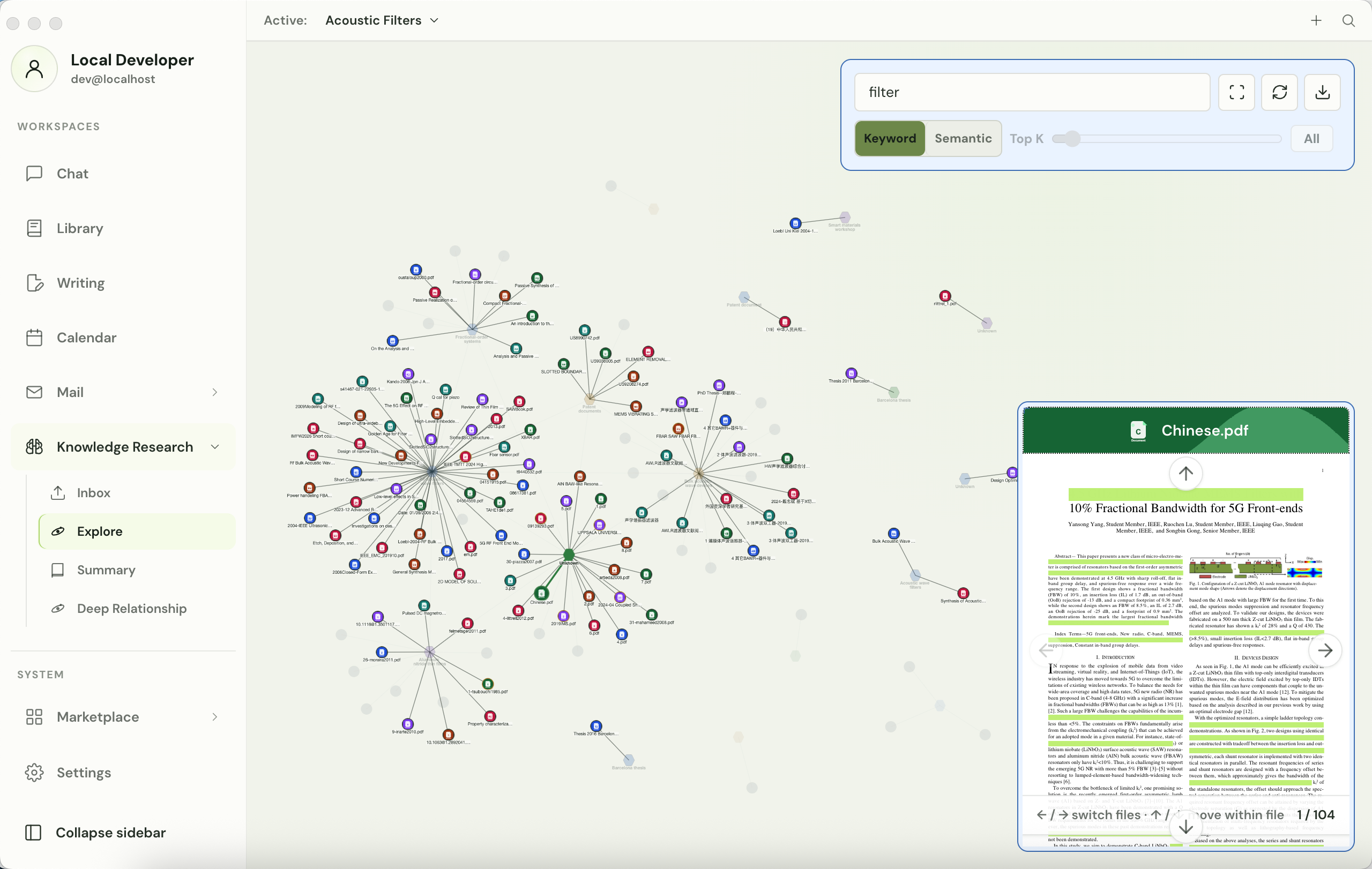 OntoScience Knowledge Research Explore view with a connected knowledge graph and source preview