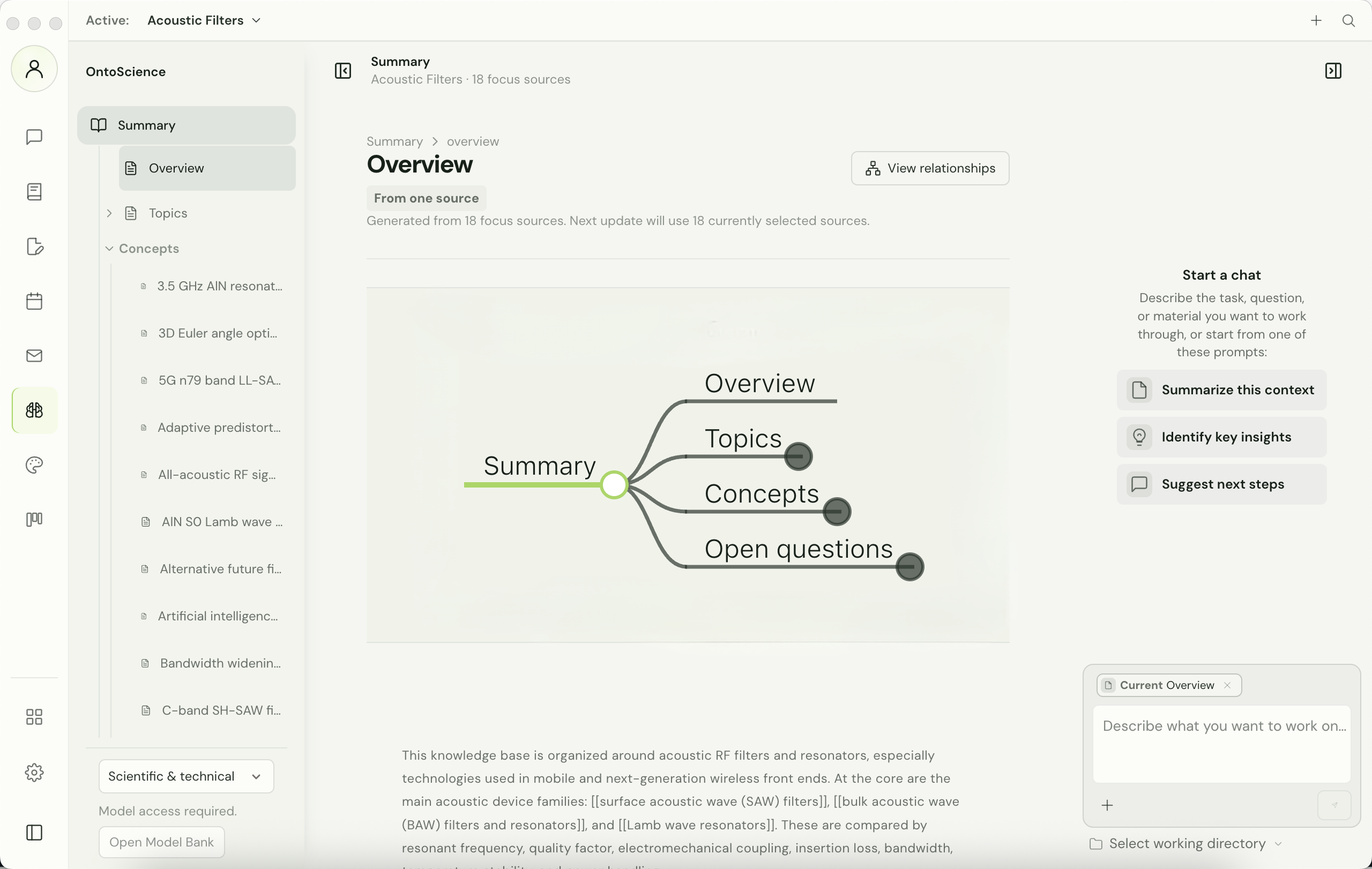 OntoScience Summary view showing an overview generated from 18 sources with linked concepts and source citations