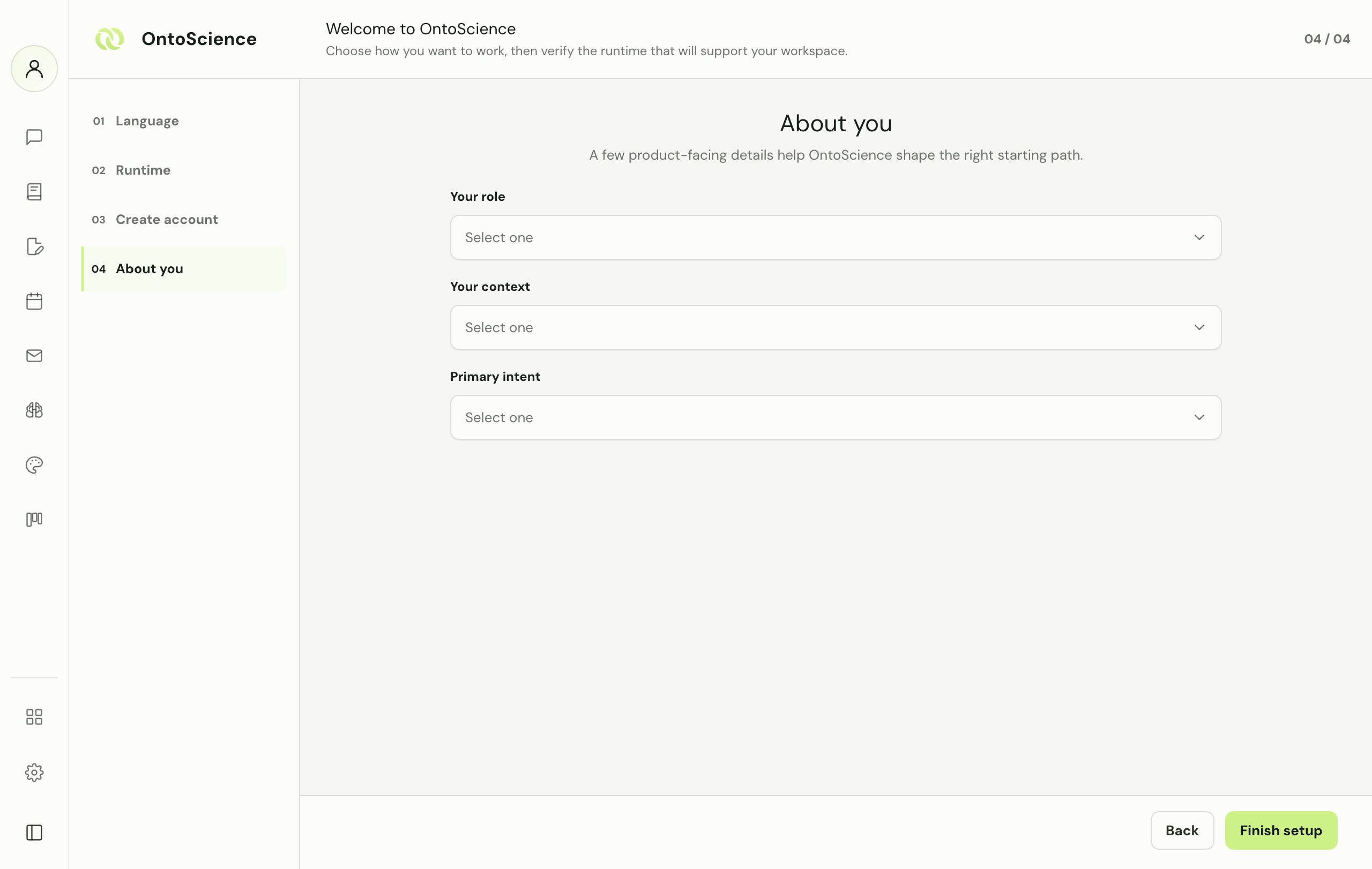 OntoScience onboarding setup screen asking about role, context, and intent